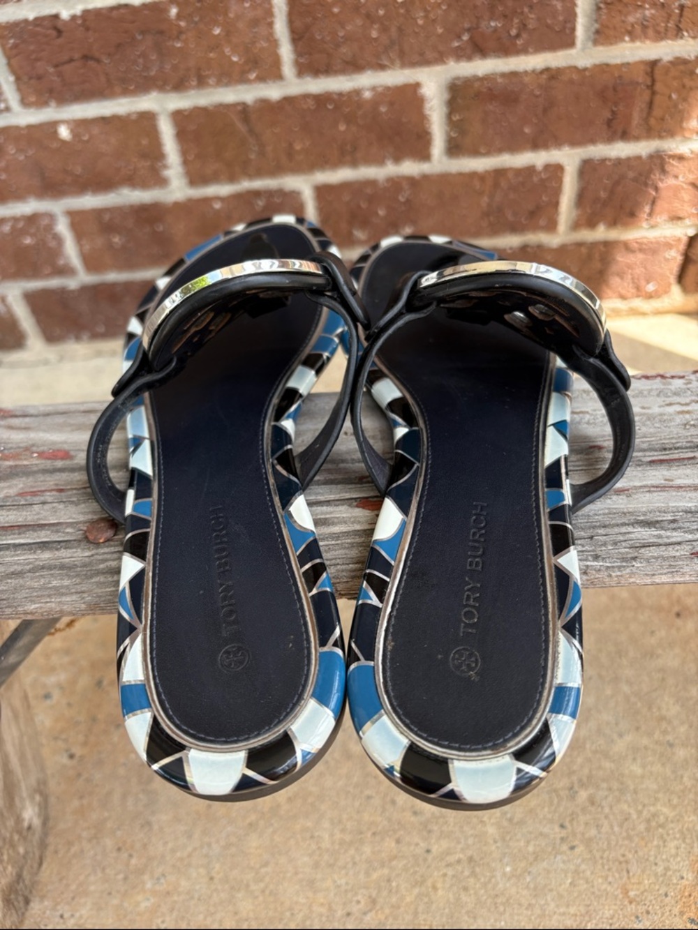 Tory Burch Miller Black and Blue Logo Thong Sandals - Picture 4 of 6